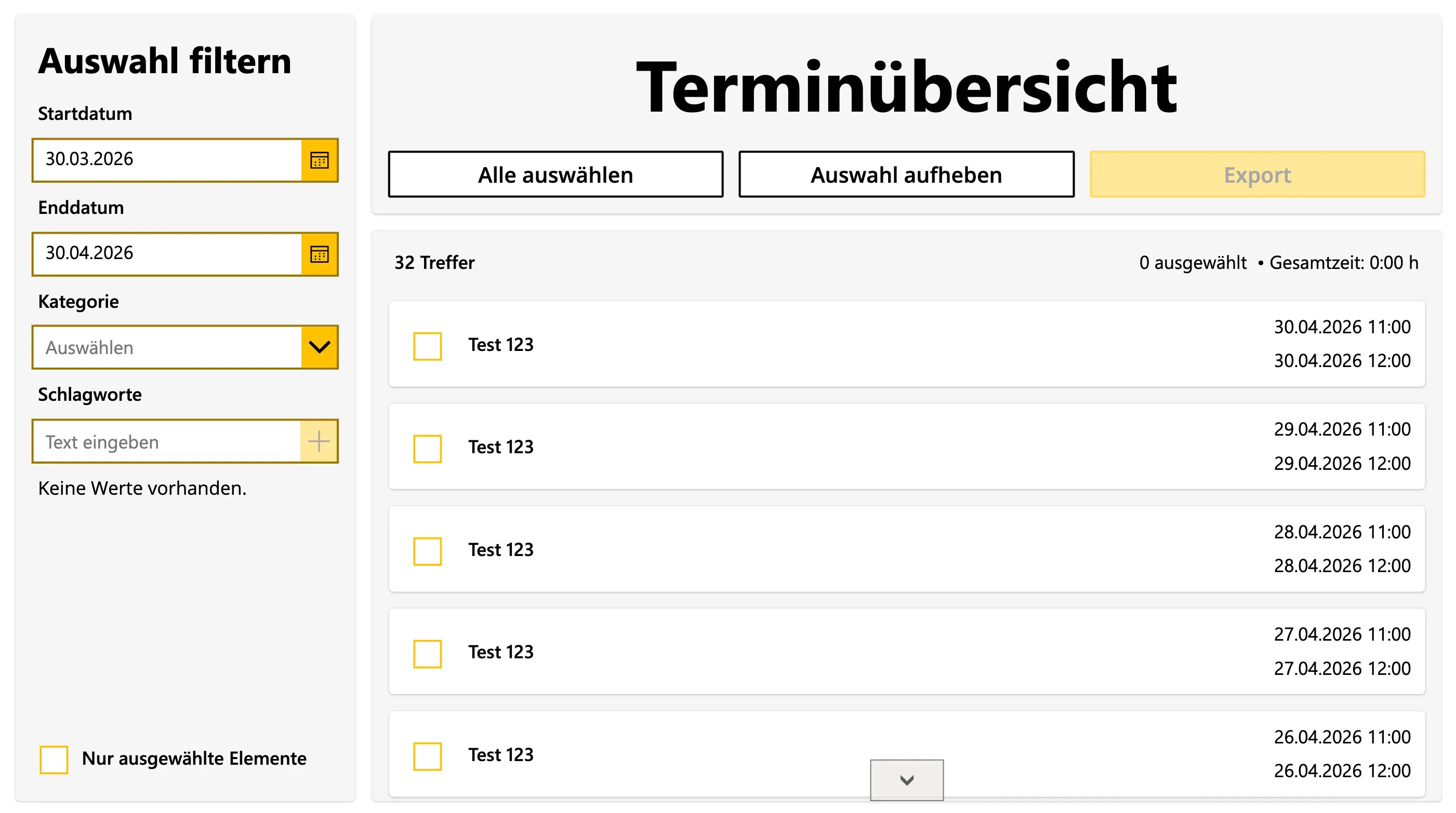 Screenshot: Kalender Export App