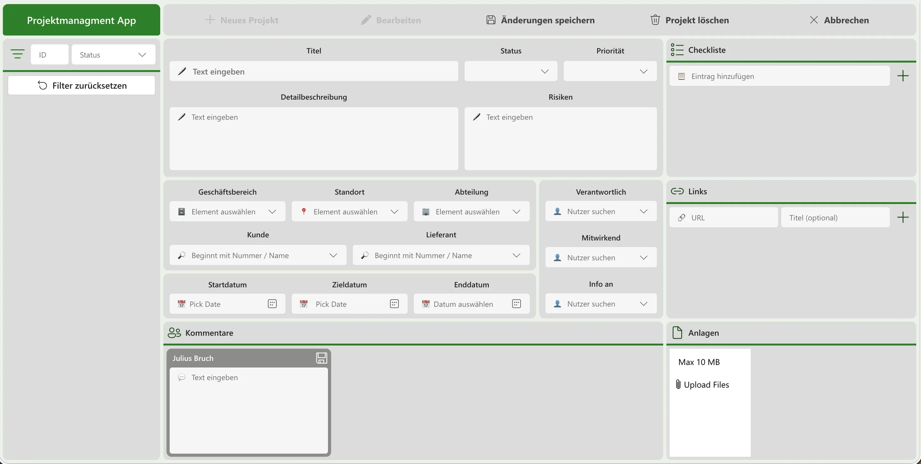 Screenshot: Projektmanagement App