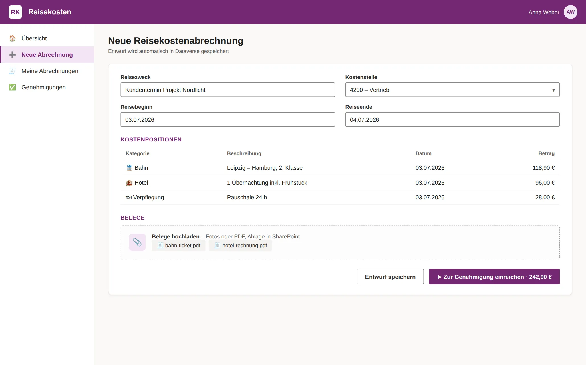 Screenshot: Reisekosten App